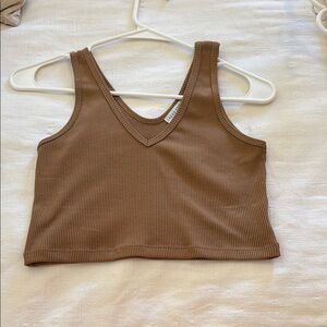 Brown Ribbed V-Neck Crop Top